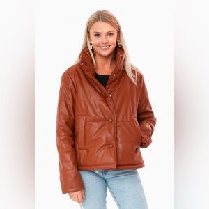 Tuckernuck Cognac Brown Faux Leather Puffer Jacket